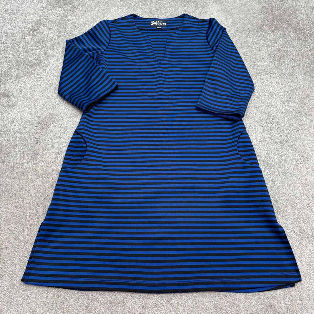 Lesley Evers Shift Dress Womens Medium Blue Black Striped Split Neck Pockets